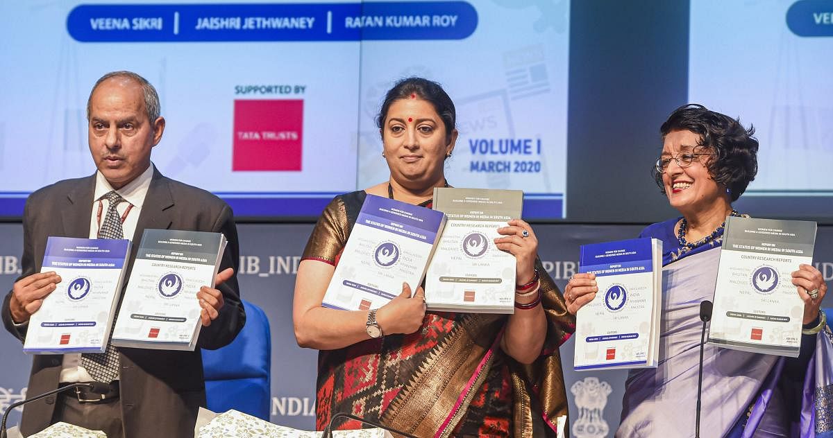 Union Minister for Women and Child Development Smriti Irani releases a research report on ‘The Status of Women in Media in South Asia’ during an event ‘Women in Emerging India’ on the eve of International Women's Day 2020, at National Media Centre in New Delhi. PTI