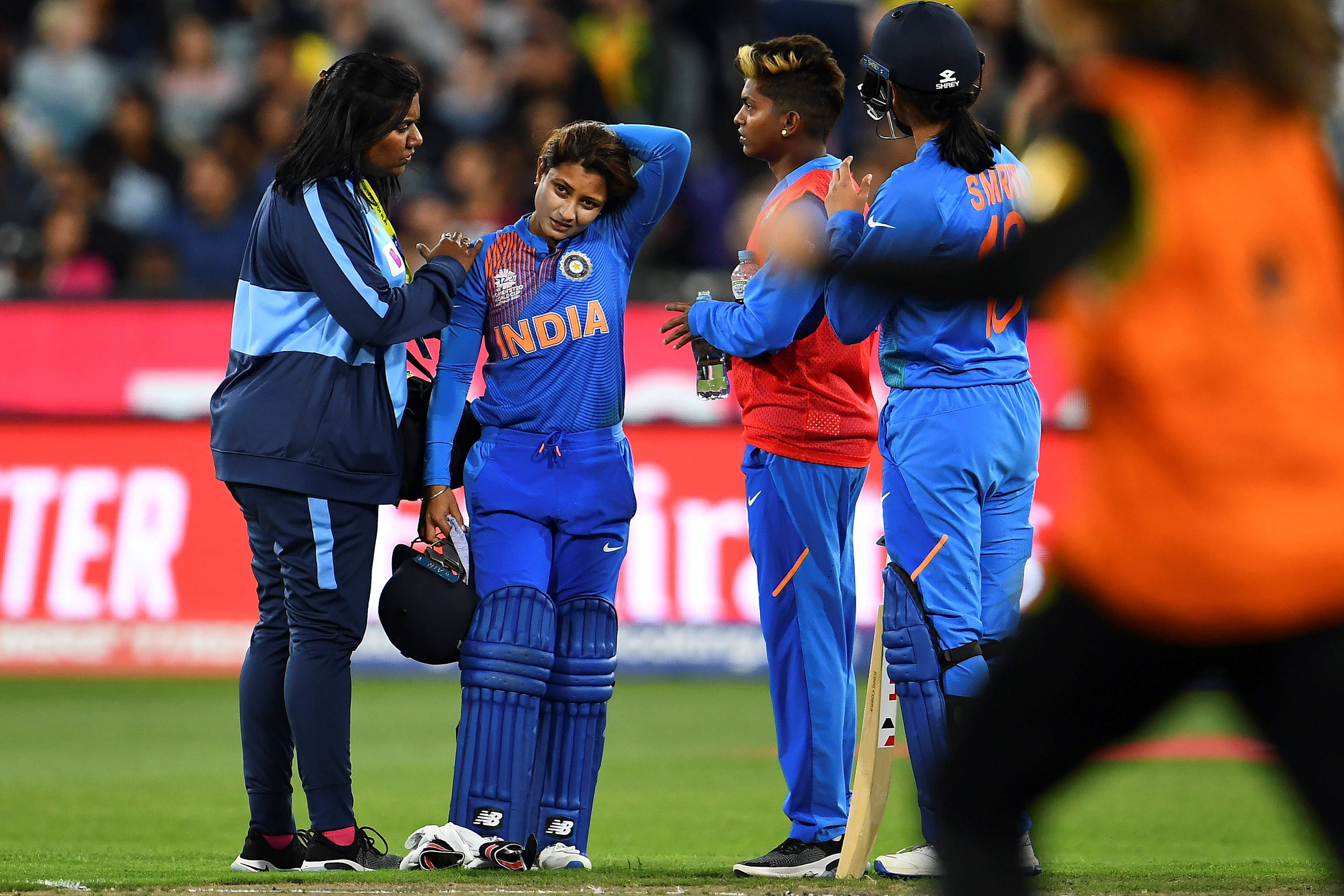 But Bhatia's stay was shortlived as she had to retire hurt in the second over after getting hit on her helmet by left-arm spinner Jess Jonassen. (Credit: AFP Photo)