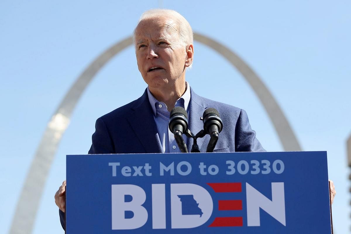 Democratic presidential candidate Joe Biden speaks at a campaign rally at Kiener Plaza. AFP