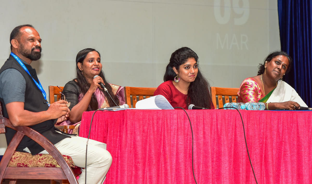 (From left) Prof Jossy Peter; Divya Sara Thomas, DCP, City Armed Reserve Headquarters; actor Samyukta Hornad and transgender activist Akkai Padmashali at Sammilan. DH PHOTO BY SK DINESH