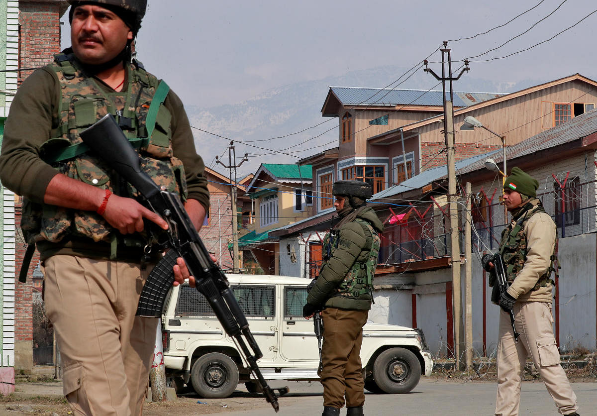 Indian security forces stand guard at the site of a grenade explosion in Srinagar. (Reuters File Photo)