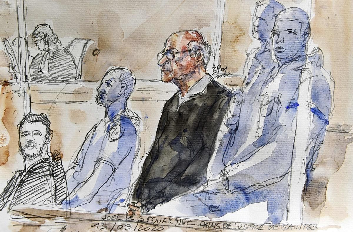 This court sketch released by the artist on March 13, 2020 shows French retired surgeon Joel Le Scouarnec attending his trial for the rape and sexual abuse of four child at the courthouse in Saintes, western France. AFP