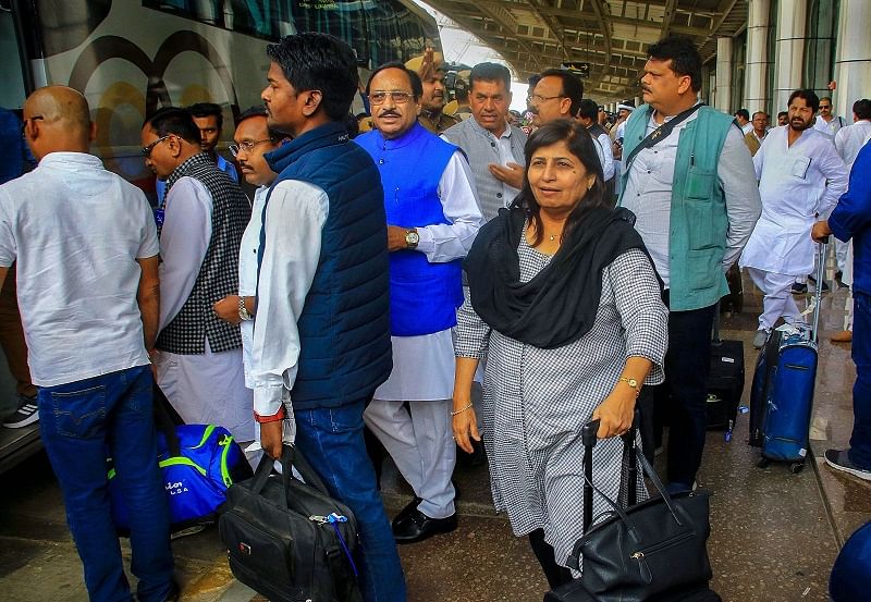 Madhya Pradesh Congress party MLAs arrive at Jaipur Airport. (PTI Photo)