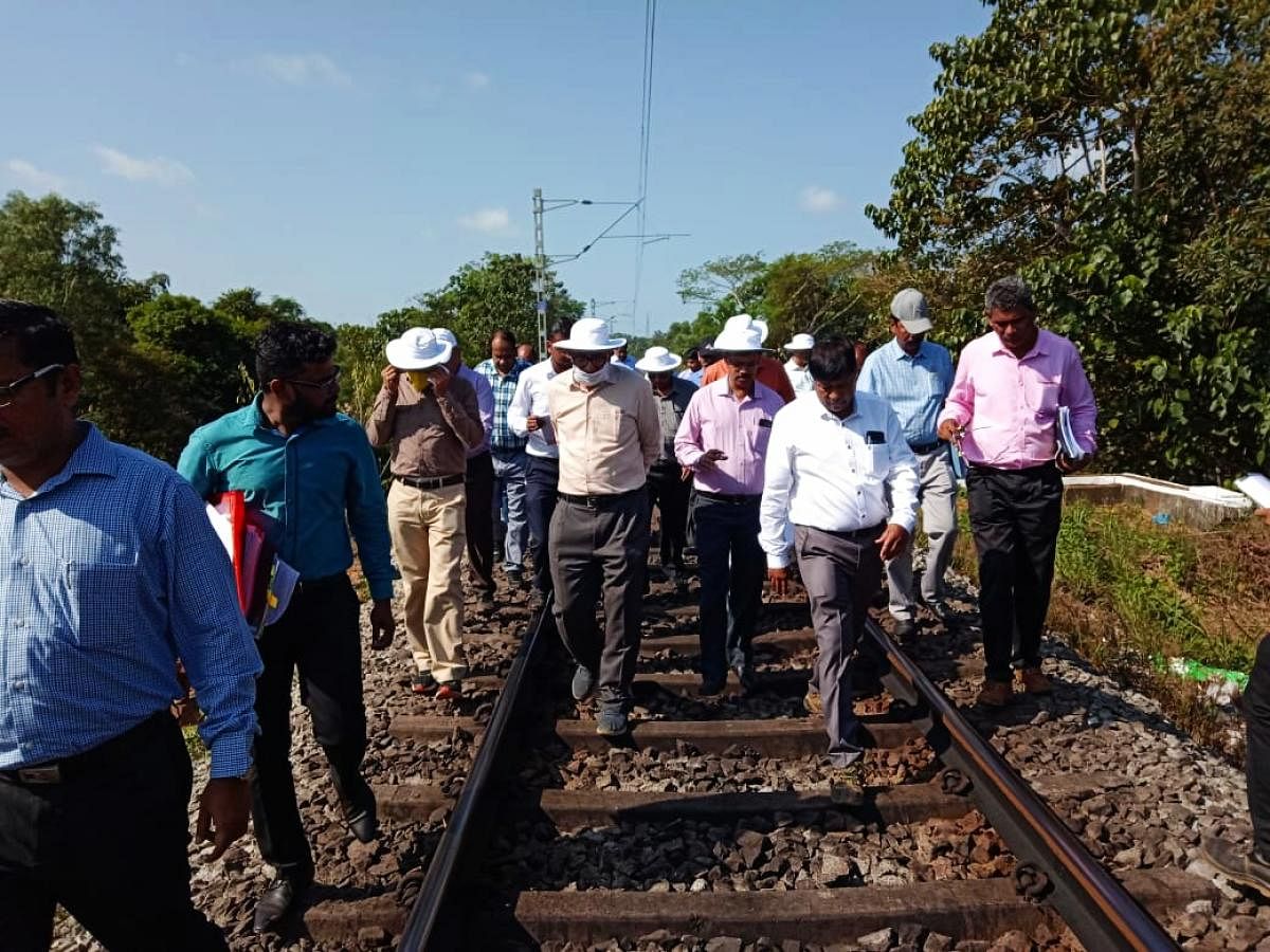 Commissioner of Railway Safety, Central Circle, A K Jain (second from left wearing hat) conducted inspection of the newly electrified section between Thokur and Bijur on Konkan Railway Corporation Limited (KRCL) network near Mangaluru on Thursday.