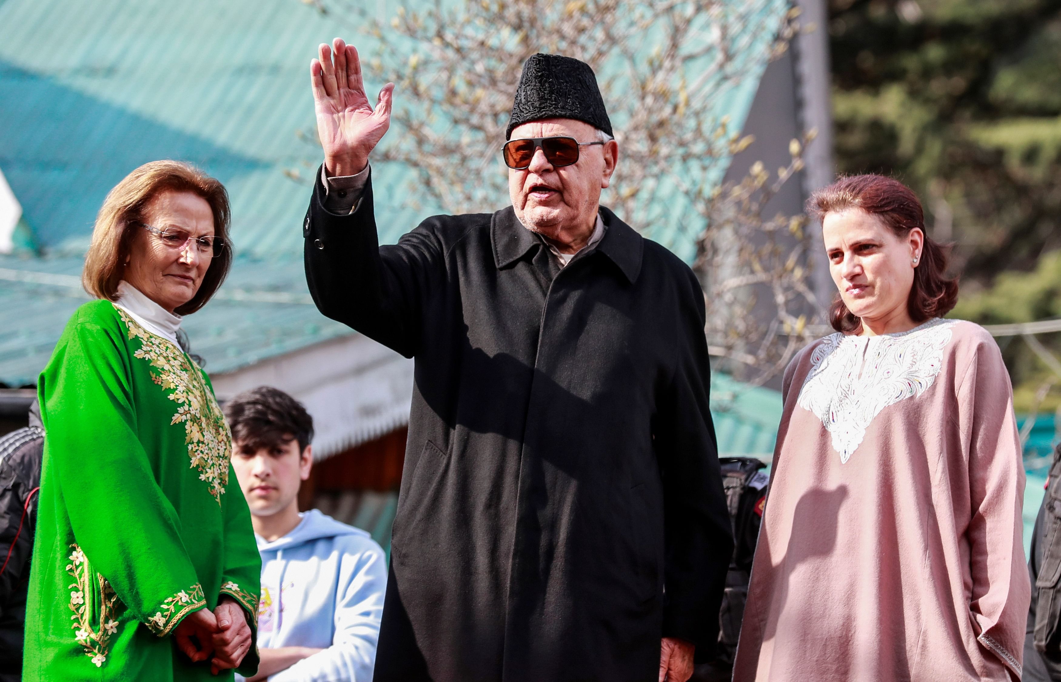 Farooq Abdullah, a lawmaker and leader of National Conference, speaks to media after his release at his residence in Srinagar. (Credit: Reuters)