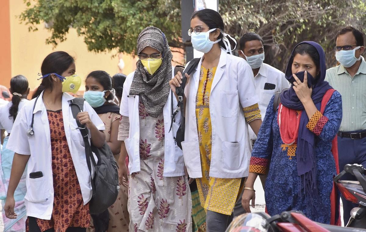 Hyderabad: Medical staff wears masks as prevention against coronavirus, at Gandhi Hospital in Hyderabad, Wednesday, March 4, 2020. (PTI Photo)