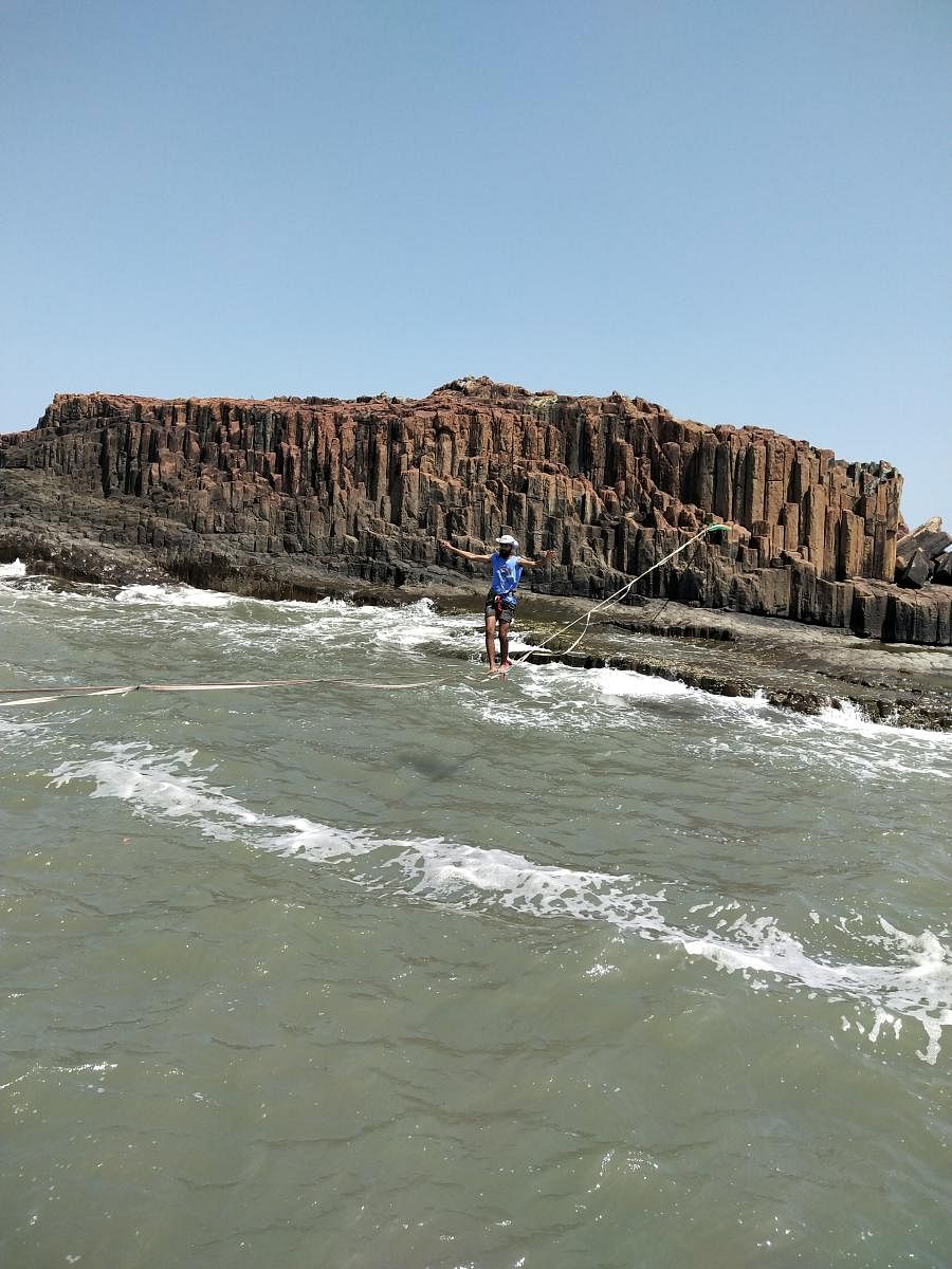 A team from Slack Mitra rigged Udupi’s first slackline at St Mary’s Island at Malpe on Friday.