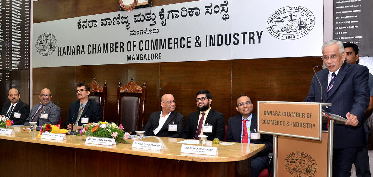 Supreme Court Judge Justice S Abdul Nazeer speaks during the inauguration of KCCI ADR (Kanara Chamber of Commerce and Industry Alternative Dispute Resolution) in KCCI Hall in Mangaluru on Saturday.
