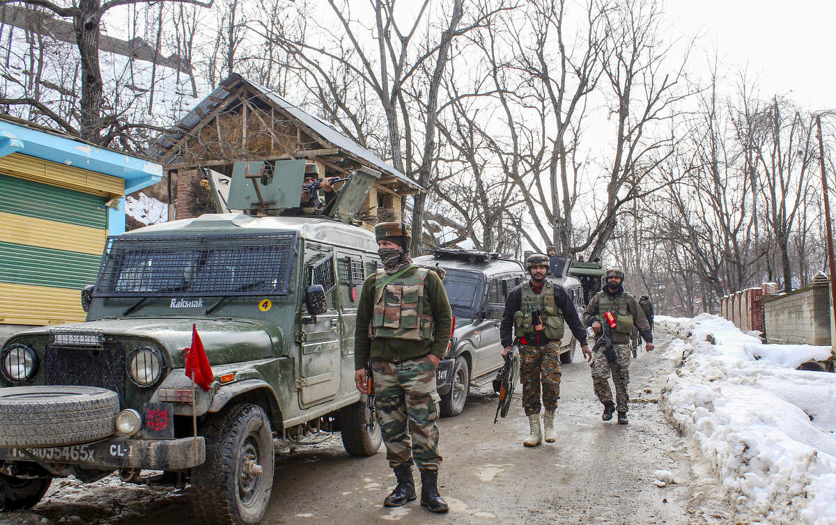 Army soldiers during an encounter in which top three miltant commanders were killed, at Wani in Shopian district of south Kashmir, Monday, Jan. 20, 2020. (PTI Photo)