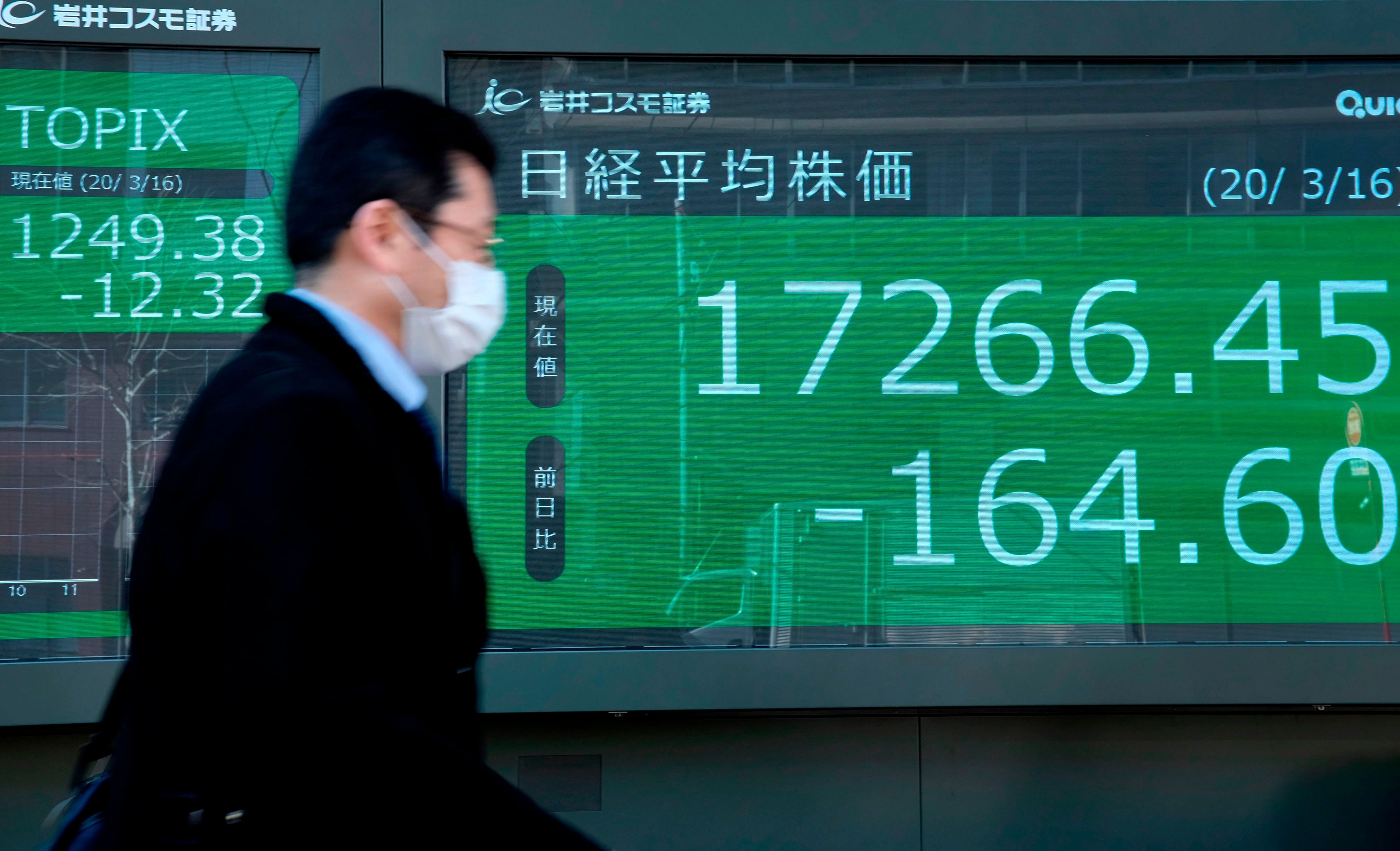 A pedestrian passes a quotation board displaying the share price numbers of the Tokyo Stock Exchange in Tokyo. (AFP Photo)