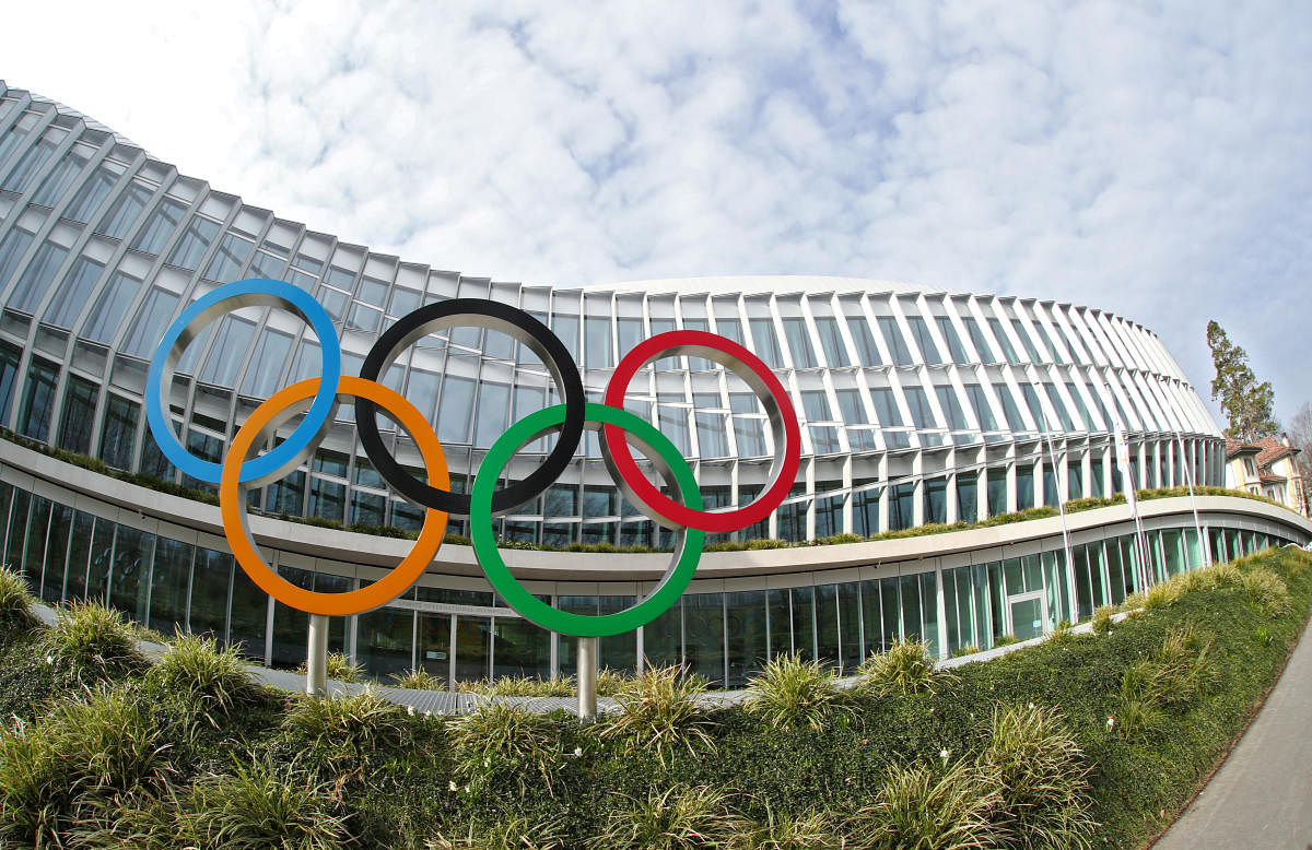 The Olympic rings are pictured in front of the International Olympic Committee (IOC) in Lausanne, Switzerland, March 17, 2020. Reuters File Photo