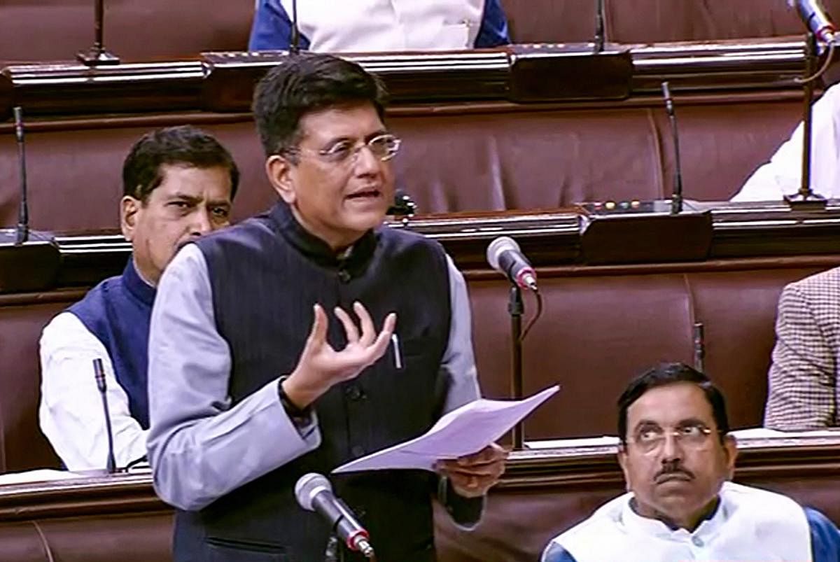 Union Minister for Railways Piyush Goyal speaks at Rajya Sabha during the ongoing budget session of Parliament, in New Delhi, Tuesday, March 17, 2020. (RSTV/PTI Photo)