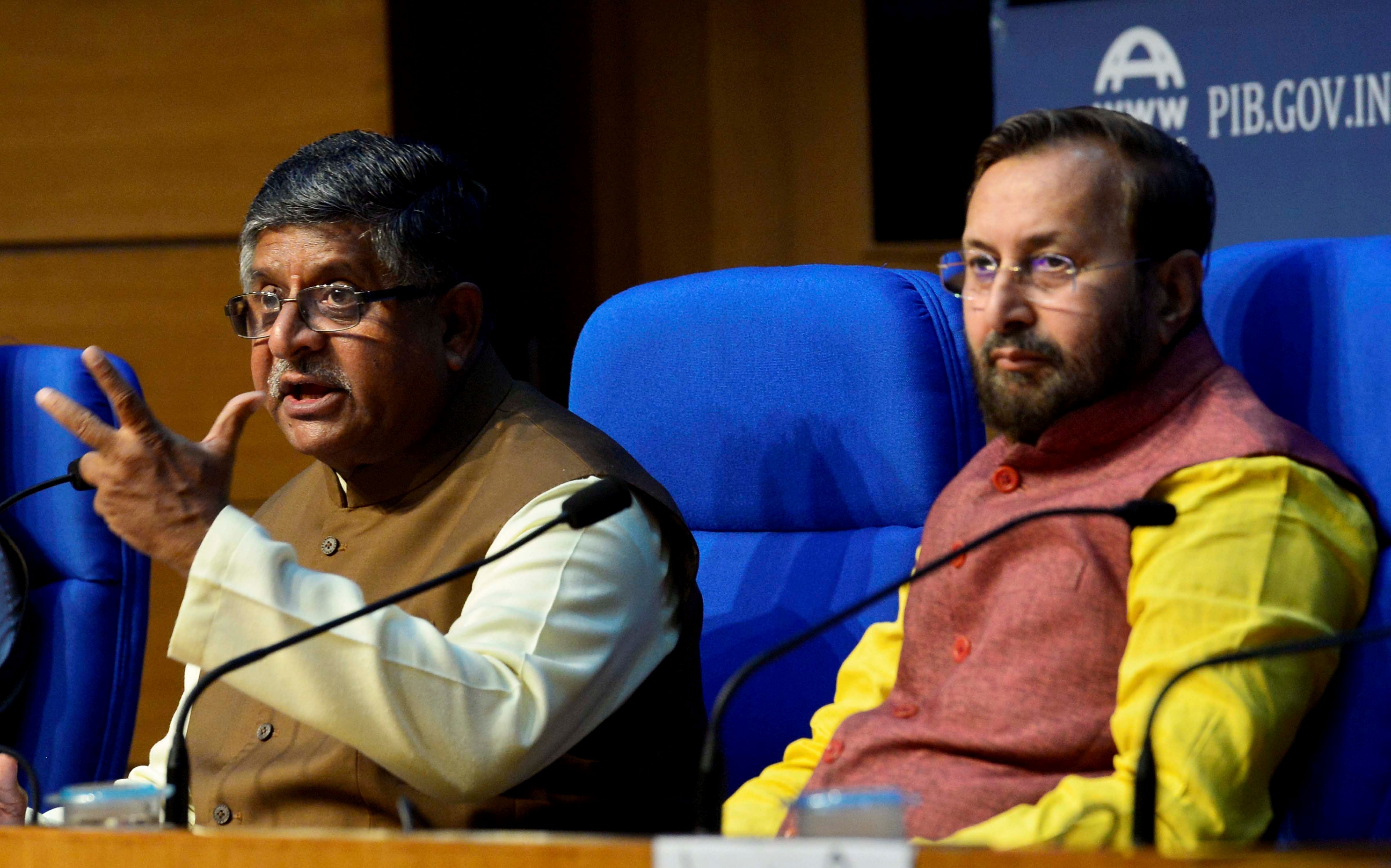  Union Ministers Prakash Javadekar (R) and Ravi Shankar Prasad during a press conference after the cabinet meeting, in New Delhi. (PTI Photo)