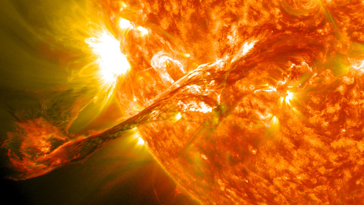 On August 31, 2012 a long filament of solar material that had been hovering in the sun's atmosphere, the corona, erupted out into space at 4:36 p.m. EDT. The coronal mass ejection, or CME, travelled at over 900 miles per second. The CME did not travel dir