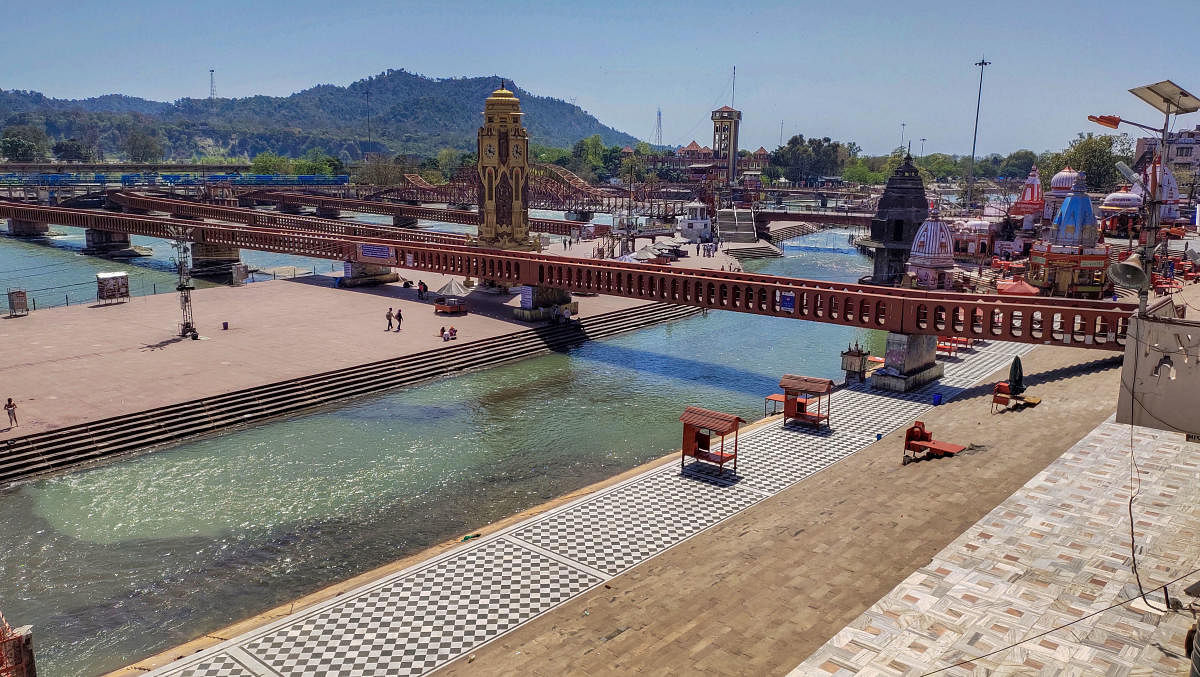 A deserted view of Har Ki Pauri during Janta curfew in the wake of deadly coronavirus, in Haridwar, Sunday, March 22, 2020.  Credit: PTI Photo