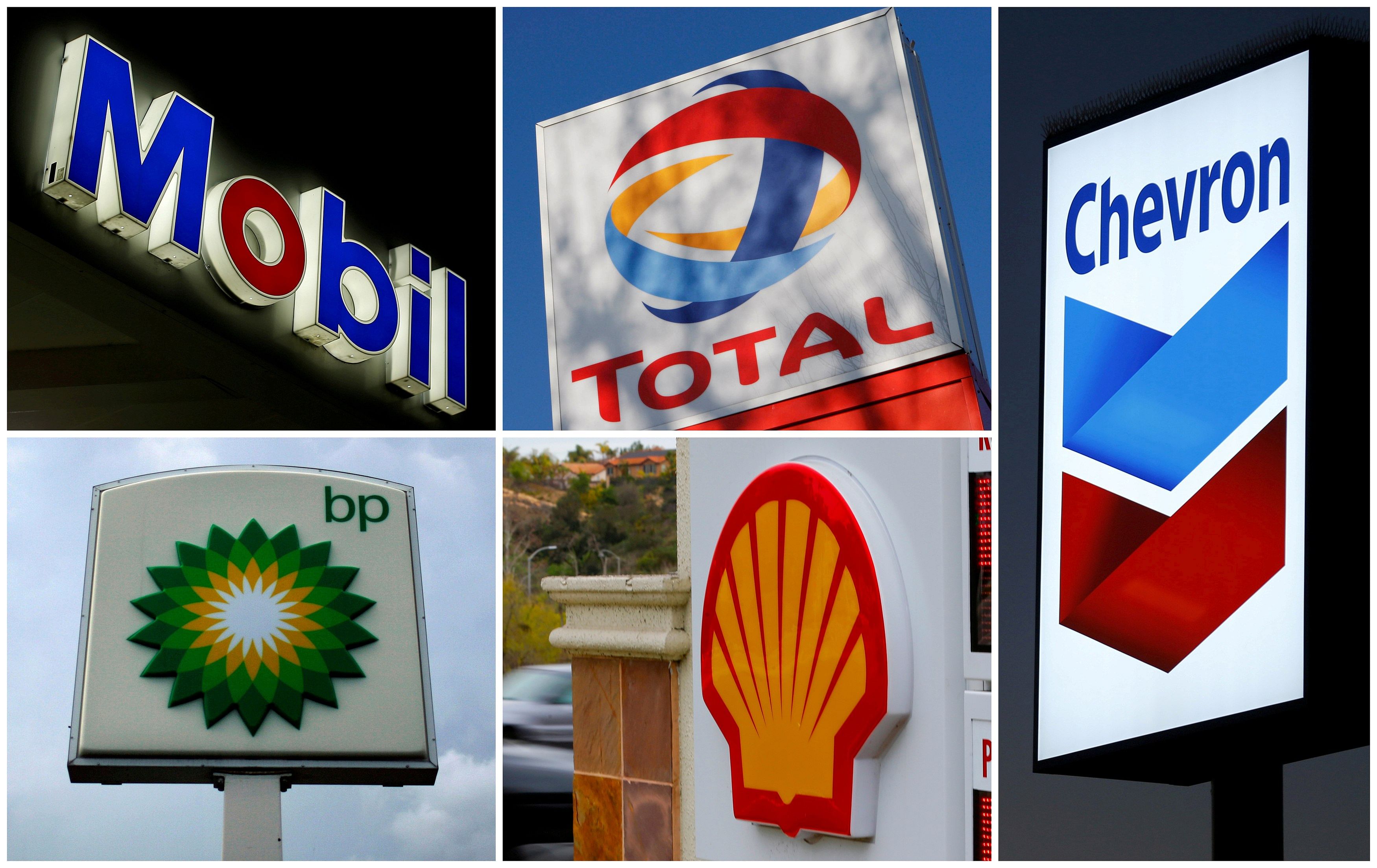 A combination of file photos shows the logos of five of the largest publicly traded oil companies; BP, Chevron, Exxon Mobil, Royal Dutch Shell, and Total. (Credit: Reuters)