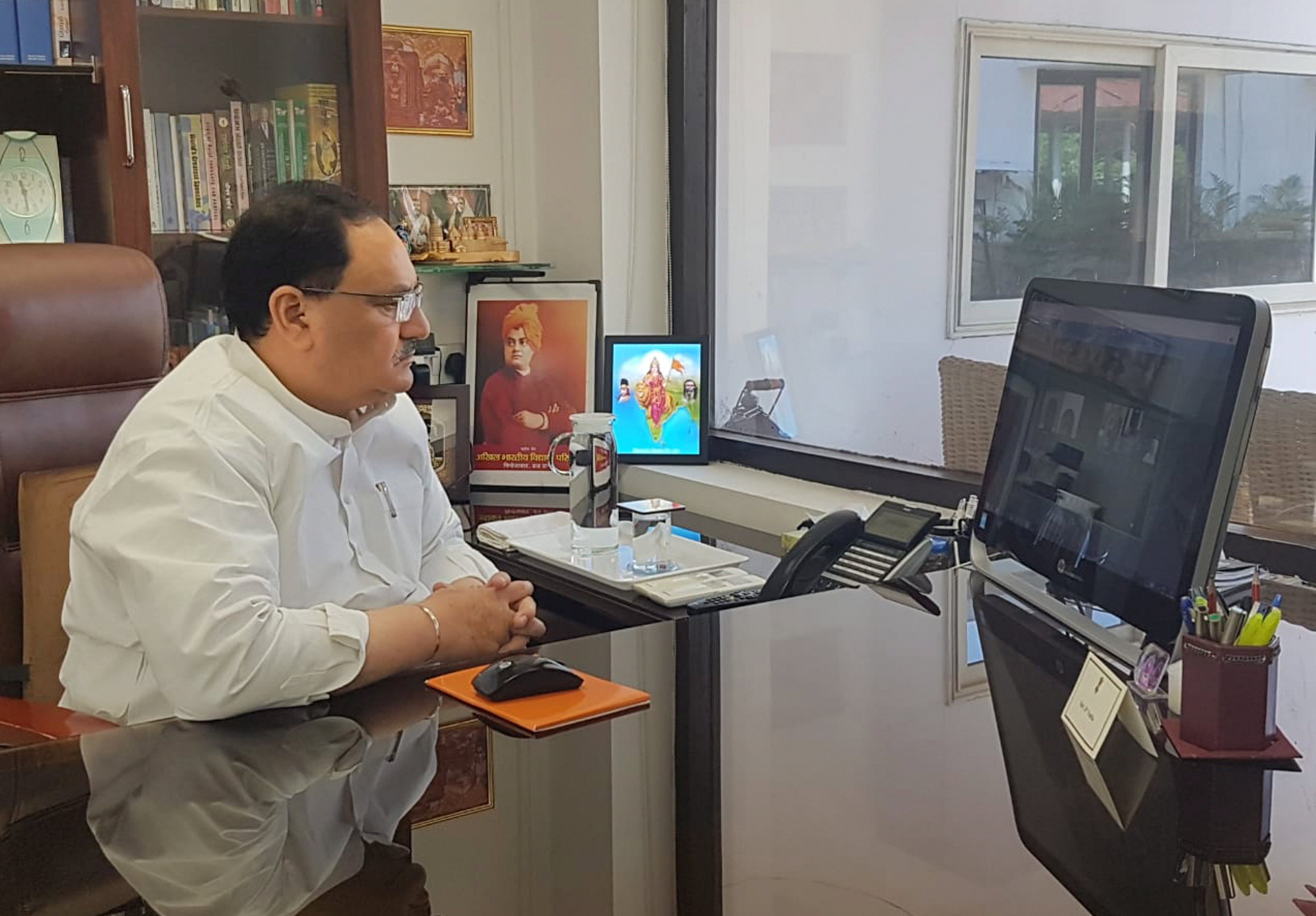 BJP National President JP Nadda interacts with BJP State presidents, MPs, MLAs, District President and State office bearers of West Bengal, Tamil Nadu, Andhra Pradesh and Karnataka via video conferencing. (PTI Photo)