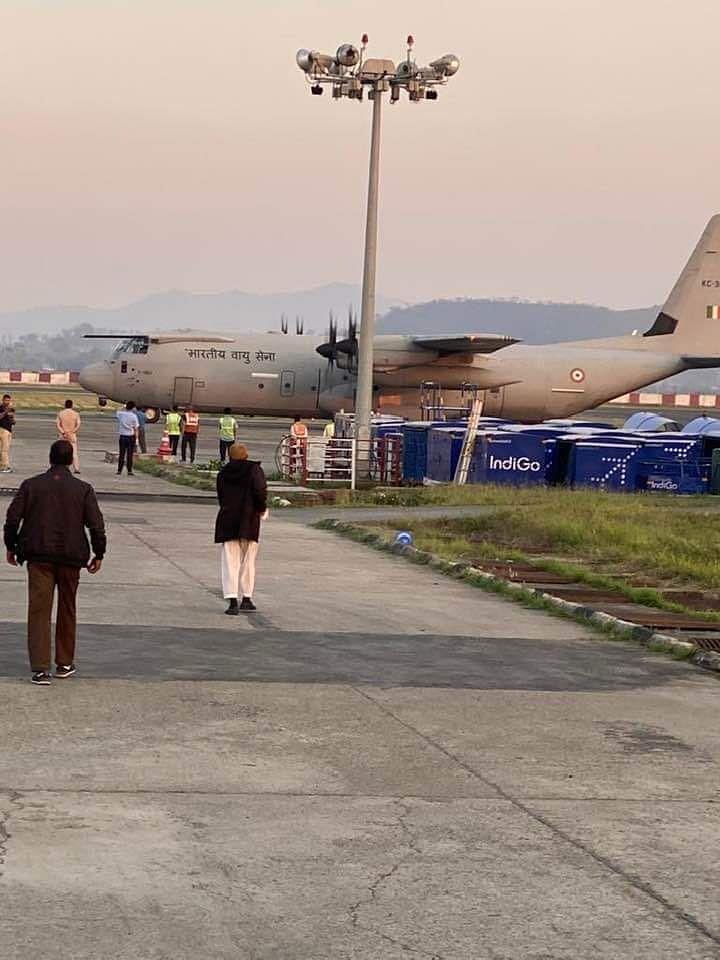 The C130 J Hercules aircraft of IAF in Imphal airport, Manipur on Monday. (DHNS photo) 