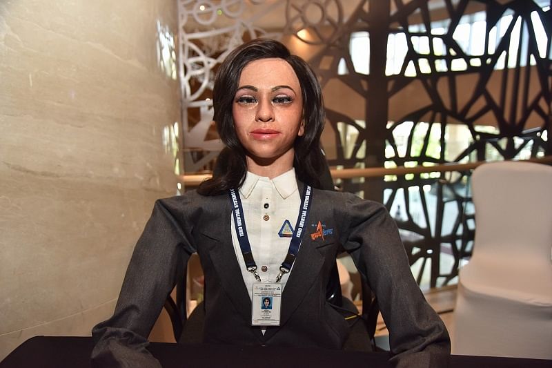 Vyommitra, a half humanoid 1st prototype Gaganyaan unmanned mission during the exhibition at the inauguration of Human Spaceflight & Exploration in Bengaluru. (DH Photo)