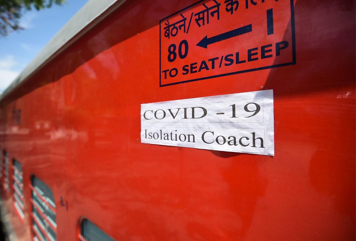 An Indian Railway train coach is pictured after being set up for isolation for COVID-19 patients. AFP