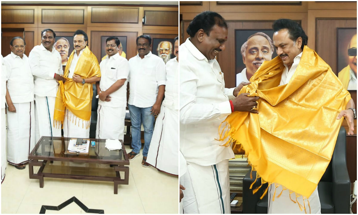 Tamil Nadu BJP Vice-President B T Arasakumar joining the DMK in the presence of its President M K Stalin in Chennai on Thursday. (Photo: DMK)