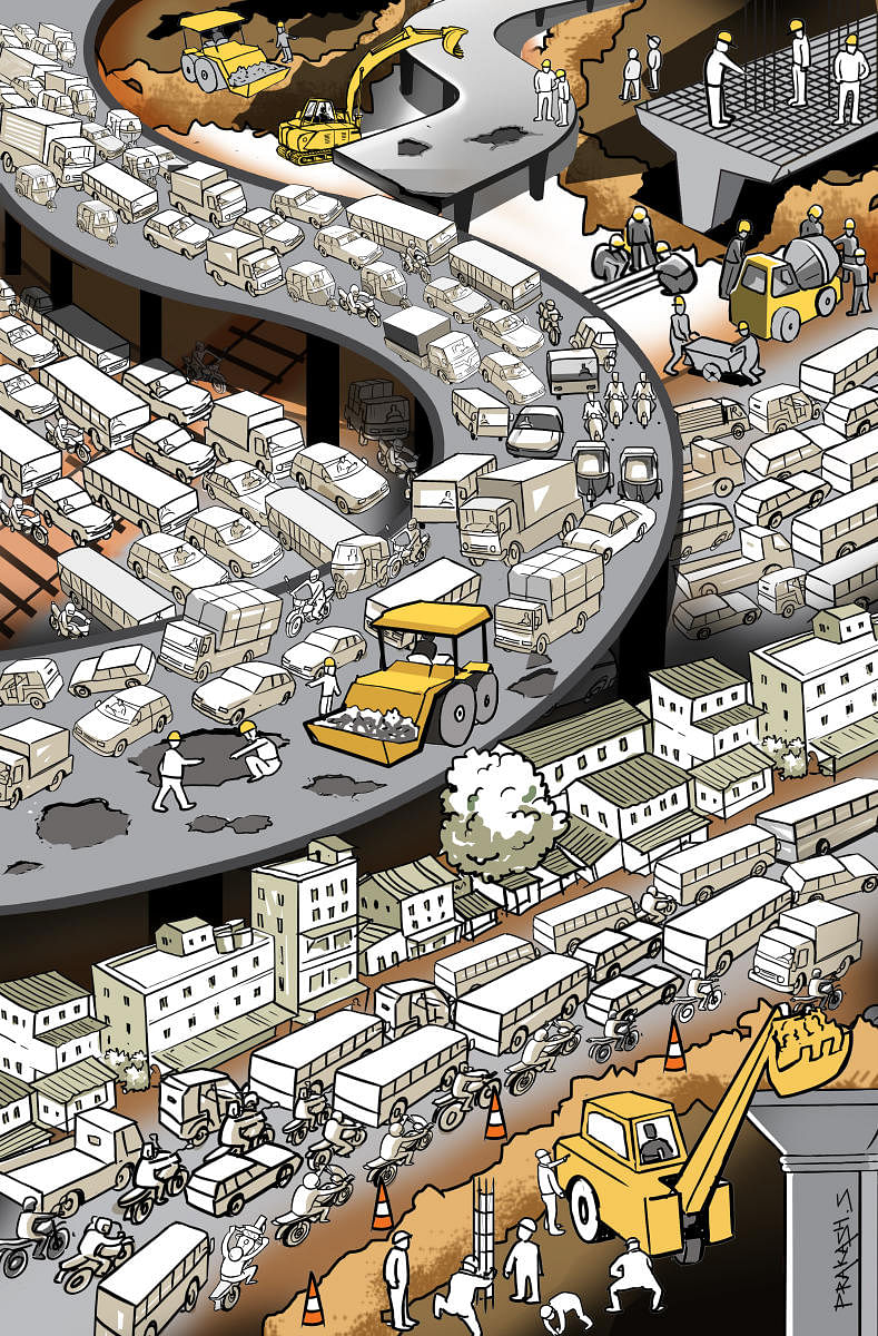 Unplanned road infrastructure and chaos. (Illustration: Prakash S)