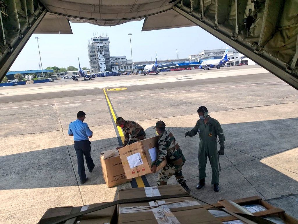 IAF engaged in supporting availability of critical medical supplies amid COVID-19. The crew is taking all necessary precautions and safety measures. Credit: Twitter (IAF_MCC)