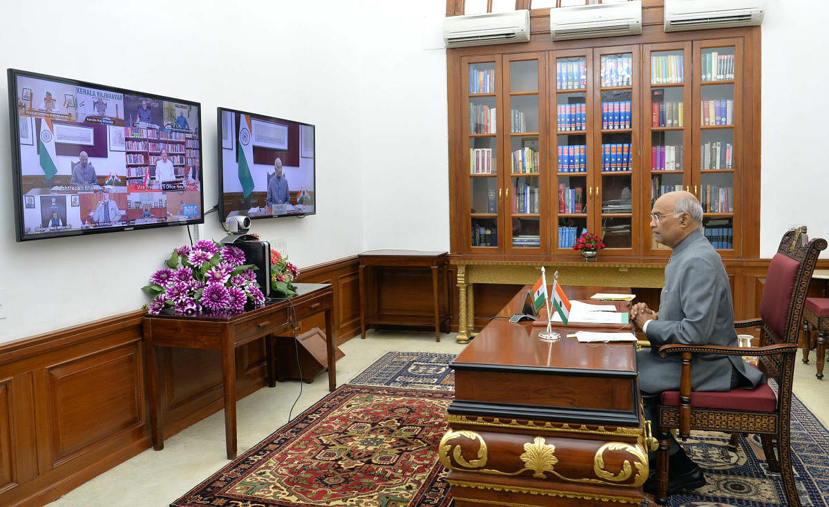 President Ram Nath Kovind interacts with Governors, Lt Governors and Administrators of all States and Union Territories on issues related to COVID-19 through a video-conference. PTI