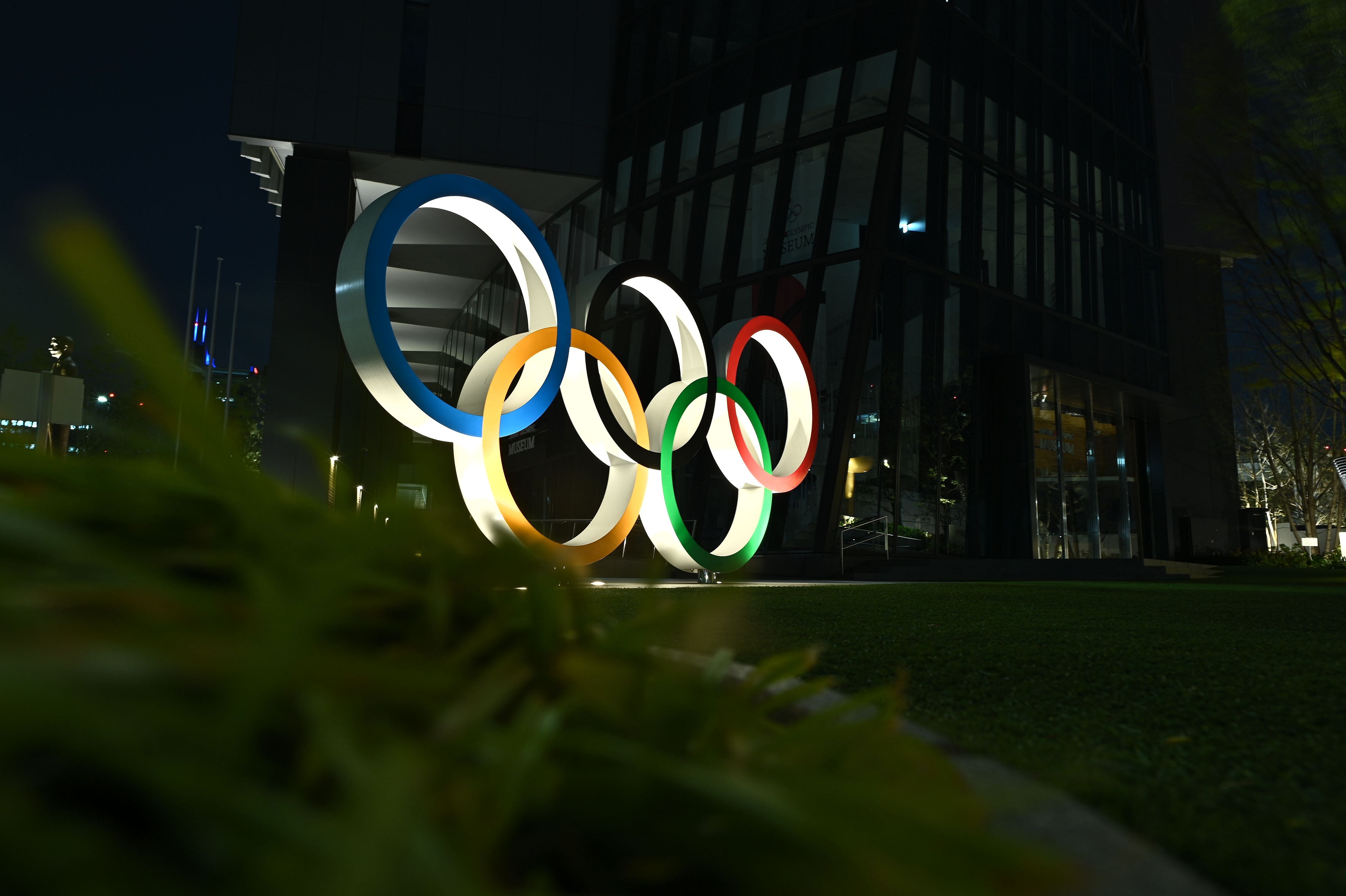  A night view of the closed Olympic museum with the Olympic Rings is seen in Tokyo. (AFP Photo)