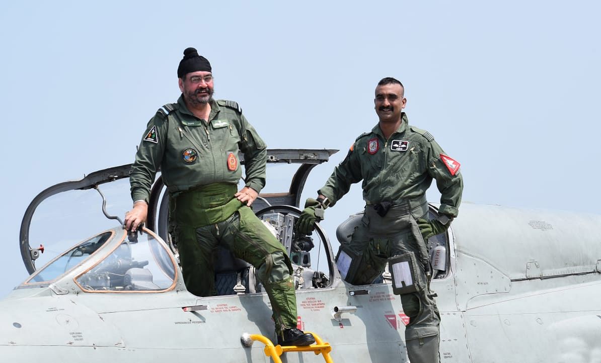 IAF Chief B S Dhanoa and Wg Cdr Abhinandan Varthaman flew in  a MiG 21 trainer at Pathankot.