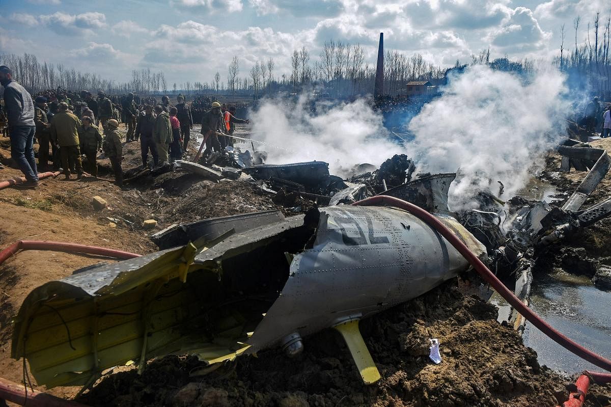 Wreckage of the MI-17 chopper that crashed in Budgam district of Jammu and Kashmir (PTI photo)