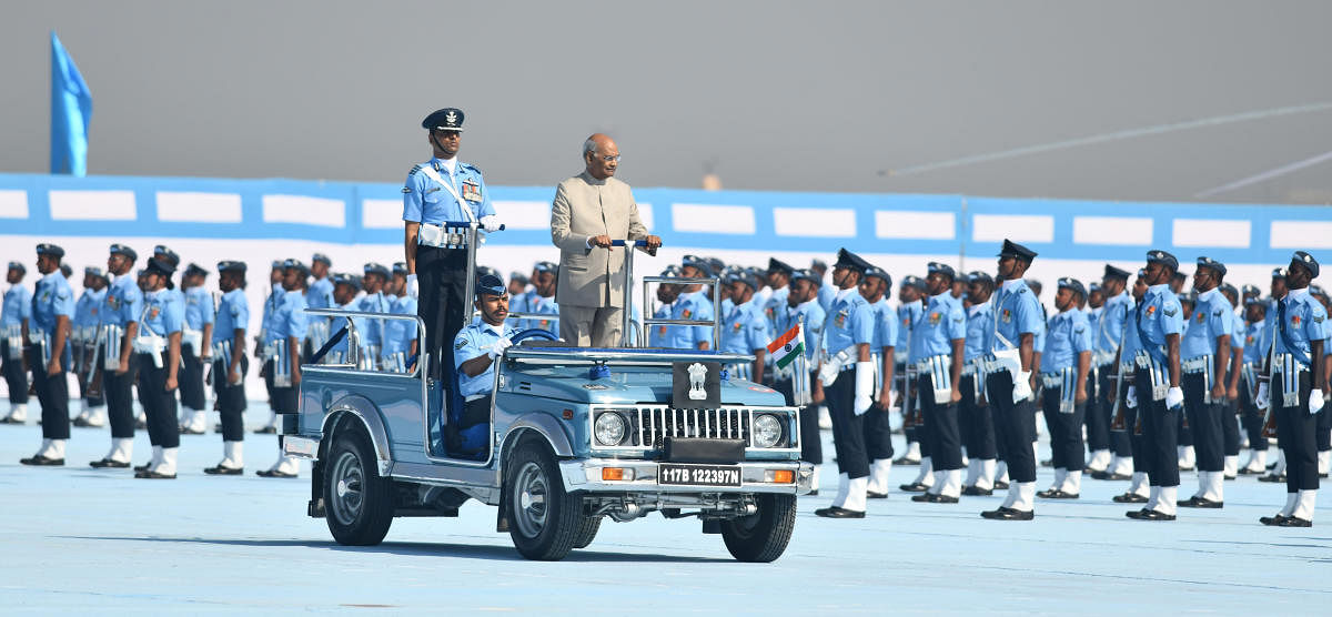 President ram Nath Kovind inspecting a parade of IAF at air force station, Guwahati on Thursday. photo by Manash Das, Guwahati 