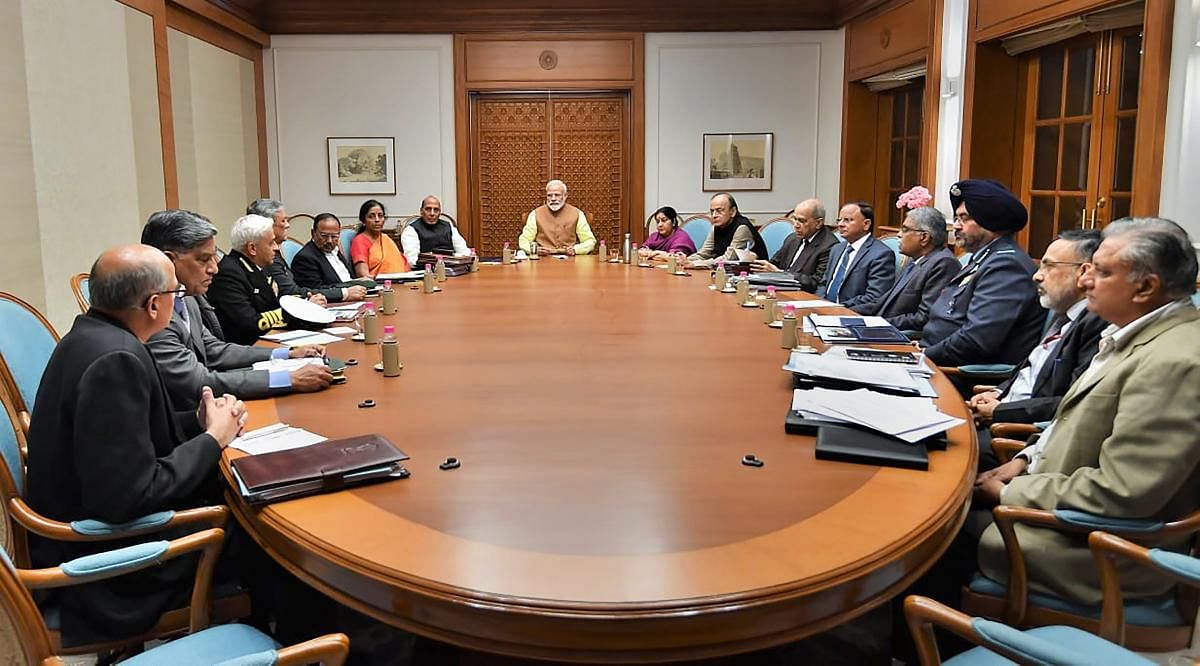 Prime Minister Narendra Modi chairs a high-level meeting on security at his residence, in New Delhi, on Thursday. Home Minister Rajnath Singh, Defence Minister Nirmala Sitharaman, External Affairs Minister Sushma Swaraj, Finance Minister Arun Jaitley, Air