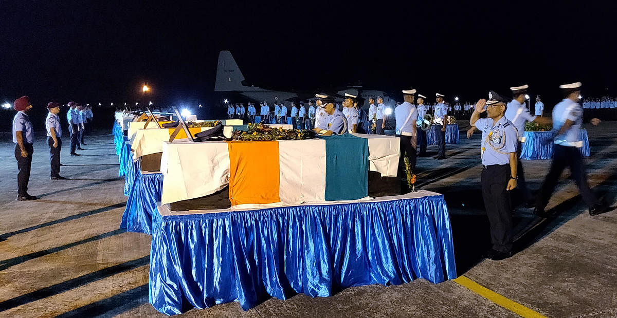 IAF officials pay homage to the 13 personnel who lost their life in IAF An-32 crash in Arunachal Pradesh, in Jorhat. (PTI File Photo)