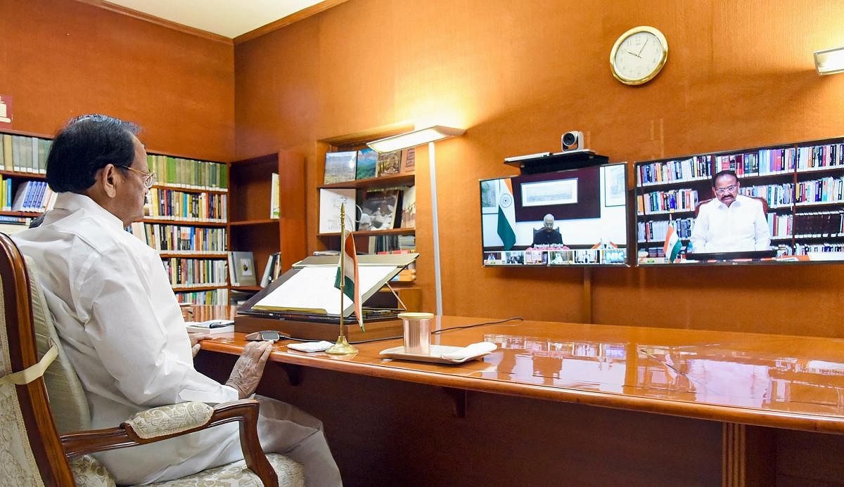 Vice President M Venkaiah Naidu participates in a video conference initiated by the President Ram Nath Kovind, to discuss measures to combat COVID-19 with the Governors, Lt. Governors, and Administrators of States and Union Territories, in New Delhi, Friday, April 3, 2020. (PTI Photo)