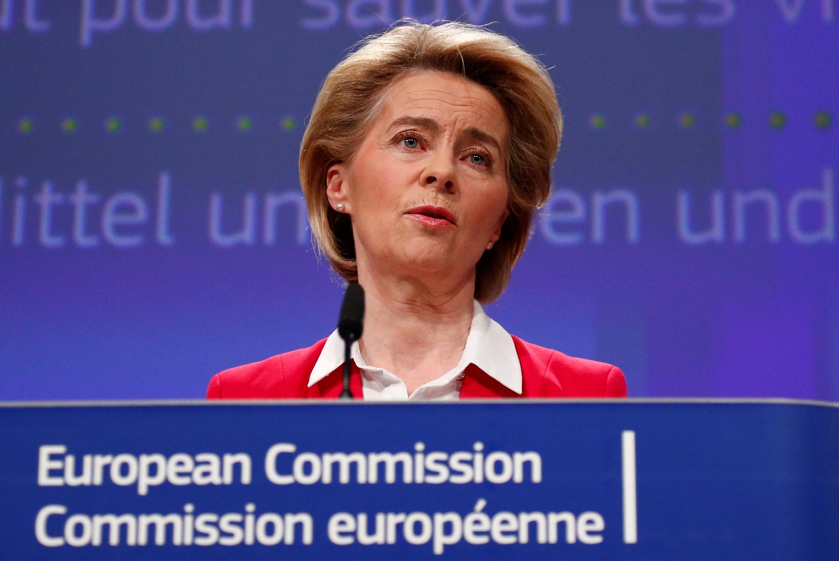 European Commission President Ursula von der Leyen gives a press conference on EU efforts to limit economic impact of the coronavirus disease. (AFP Photo)