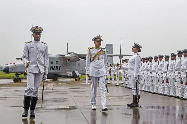 Naval Chief Admiral Karambir Singh inspects a parade during the commissioning of fifth Dornier squadron of the Indian Navy- INAS 313 (Indian Naval Air Squadron 313) at the Naval Air Enclave at Meenambakkam, in Chennai, Monday, July 22, 2019. (PTI Photo)
