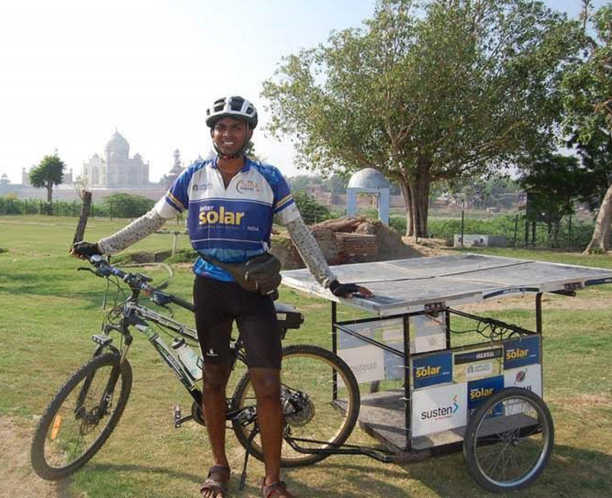 Sushil Reddy, an energy engineer with the solar-powered bicycle, will be participating in the Intersolar India Expo at Bengaluru next week.