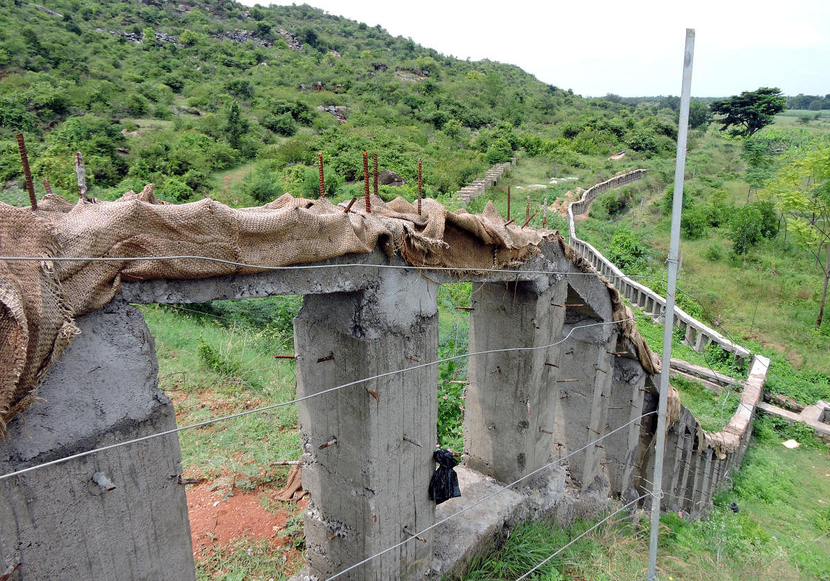 Concrete fence with nails near Krishnaiahanakatte in Yalandur taluk of Chamarajanagar district. As per the Supreme Court order, nails will be removed, says ACF M Nagaraj.  dh photo