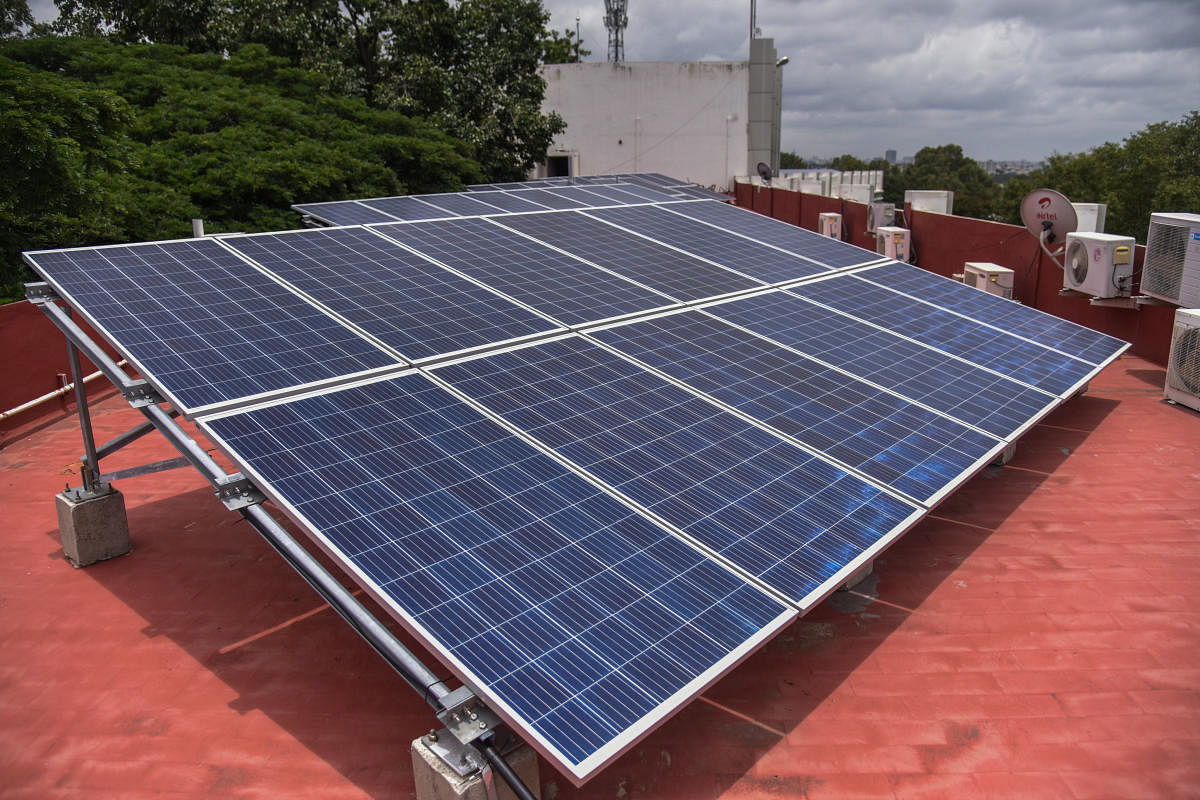 Solar Panels installed on the roof of Bangalore University administration block building at Jnana Bharathi, University campus in Bengaluru