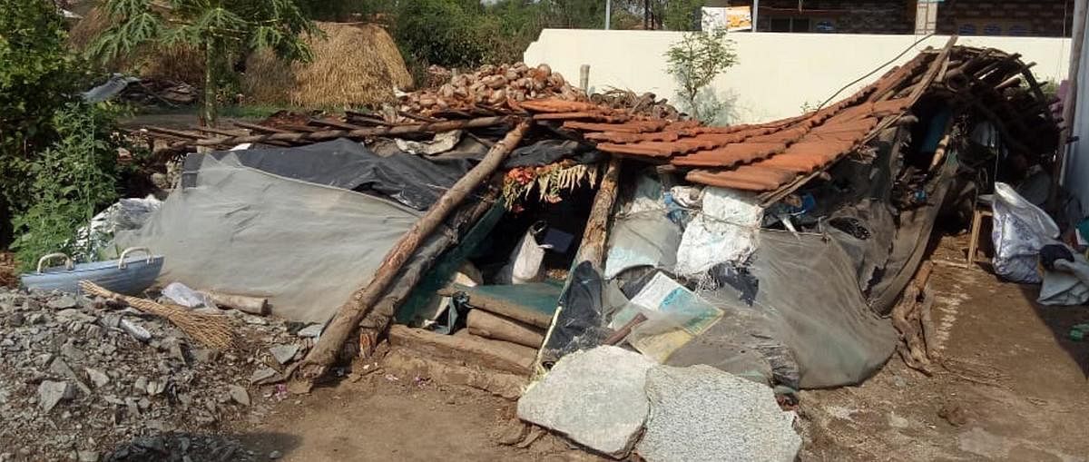 The collapsed house at Gonisomanahalli near Halebid, Hassan district, due to rain on Sunday night.
