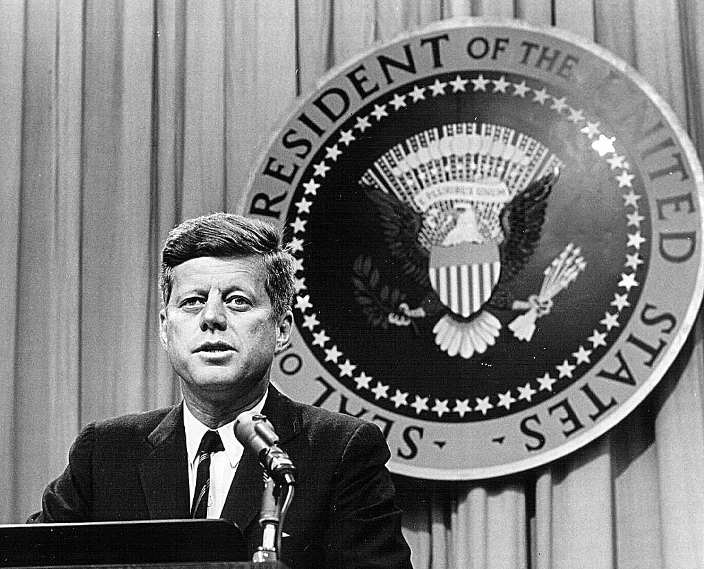 Former US President John F. Kennedy speaks at a press conference August 1, 1963. (Getty Images)