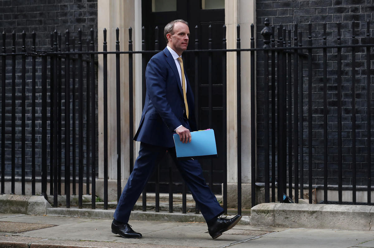 Dominic Raab on Downing Street after British Prime Minister Boris Johnson was moved to intensive care after his COVID-19 symptoms worsened. Reuters
