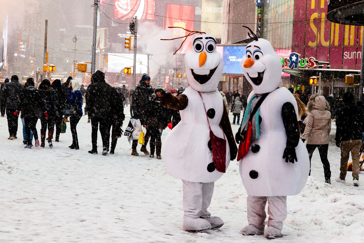 People dressed as snowman Olaf from Disney's 'Frozen' at Times Square/ Representative photo. (Credit: iStock)