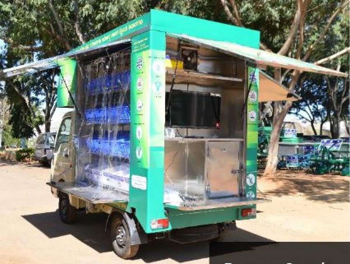 The vehicle designed Indian Institute of Horticultural Research (IIHR) helps in deliver of fresh fruits and vegetables during lockdown period. DH Photo.