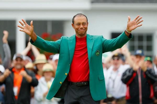 Tiger Woods after winning the Augusta Masters last year for his 15th Major. Woods had first claimed this title in 1997 on this day for his maiden Masters. AFP File Photo