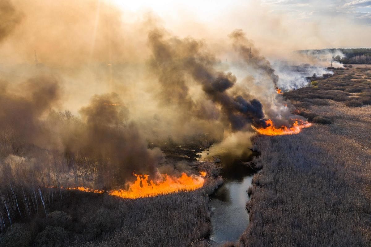 This picture taken on April 10, 2020, shows a field fire burning at a 30-kilometer (19-mile) Chernobyl exclusion zone, not far from the nuclear power plant. Credit: AFP Photo