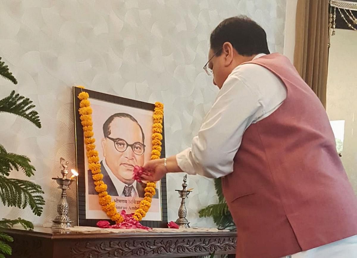 BJP National President J.P. Nadda pays floral tribute to Babasaheb Dr. BR Ambedkar on his birth anniversary. PTI