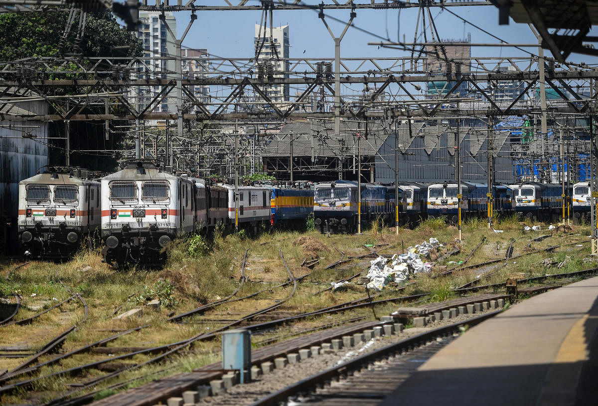 : Trains are seen parked at CSMT yard after lockdown in the wake of coronavirus pandemic, in Mumbai, Monday, March 23, 2020. Credit: PTI Photo