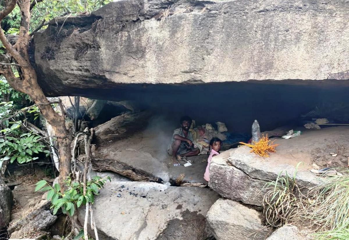 A tribal family is living in a rock cave at Kallakki in Balehonnur taluk. DH photo